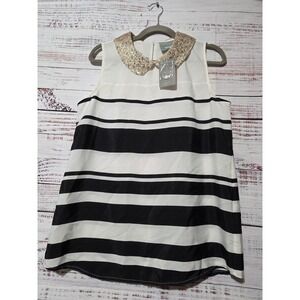 Maeve Anthropologie Striped Sleeveless Top Sequin Collar Black White Large NWT